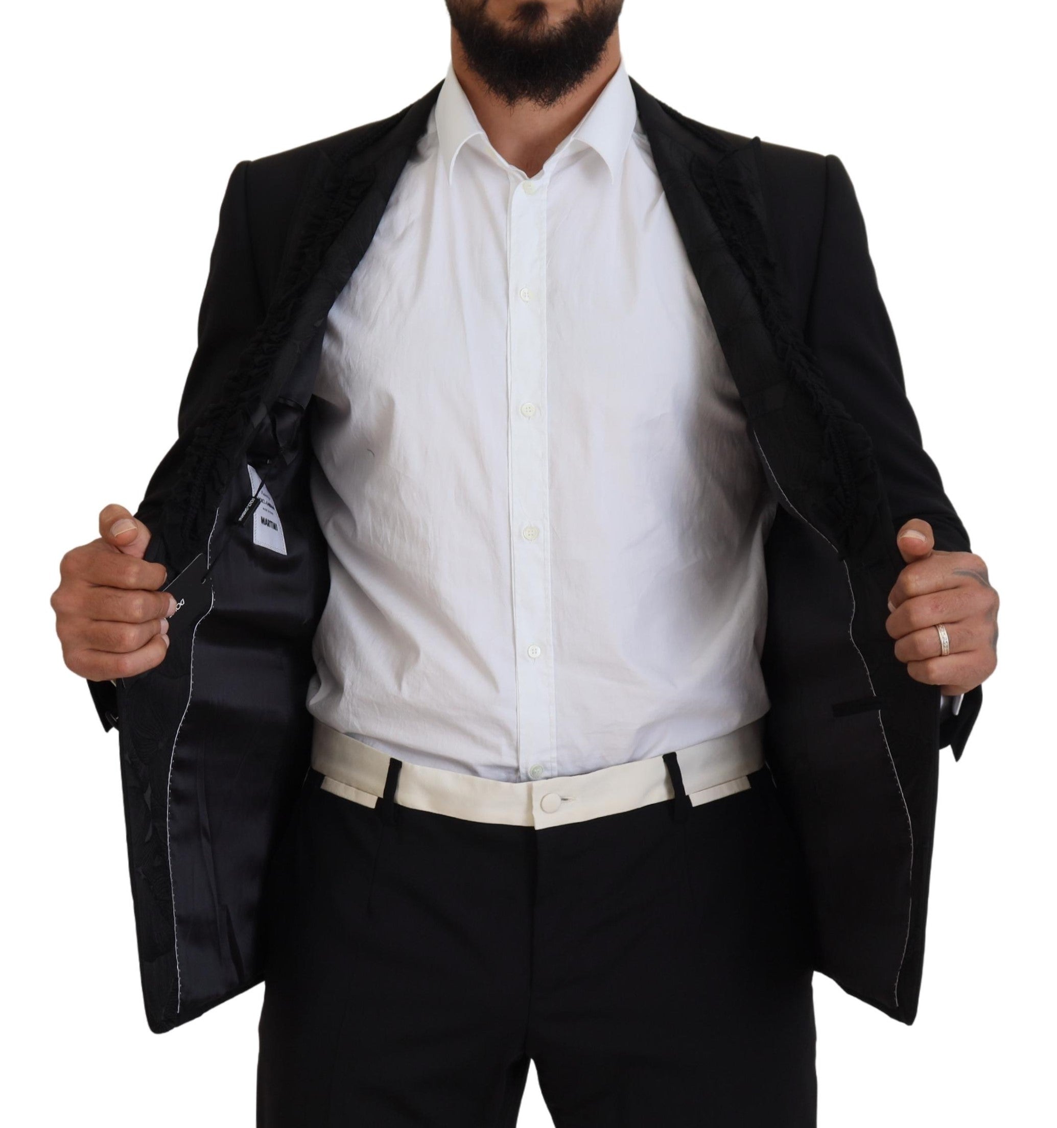 Black Dolce & Gabbana Martini slim fit blazer jacket with tailored design and classic lapel, displayed on a hanger.