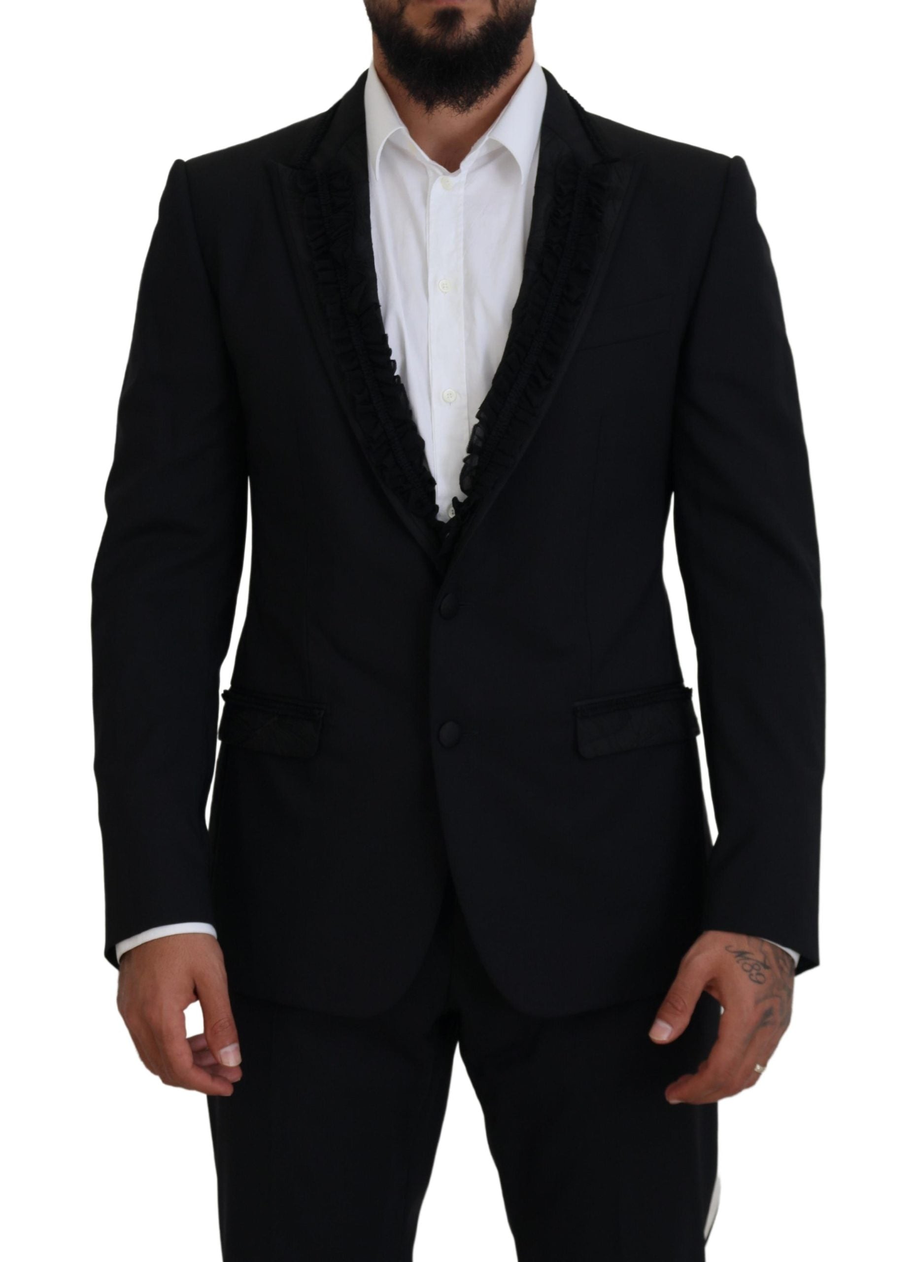 Black Dolce & Gabbana Martini slim fit blazer jacket with tailored lapels and sleek design, shown on a mannequin.