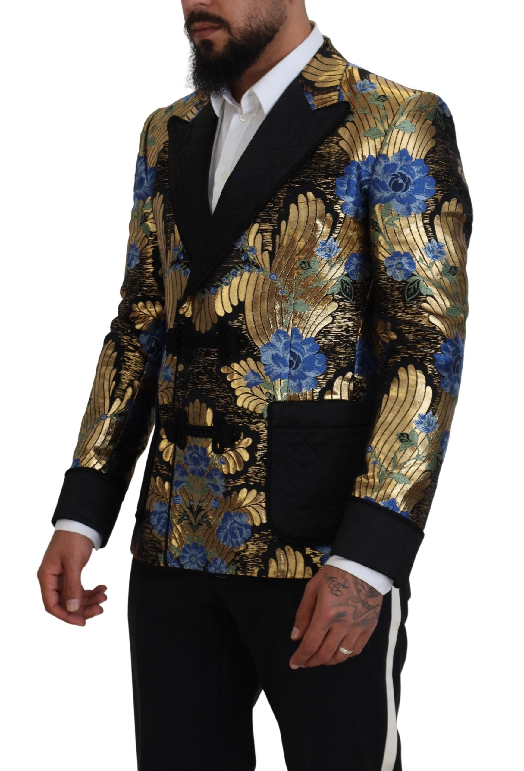 Gold Lurex double-breasted blazer jacket by Dolce & Gabbana, featuring shimmering fabric and tailored fit.