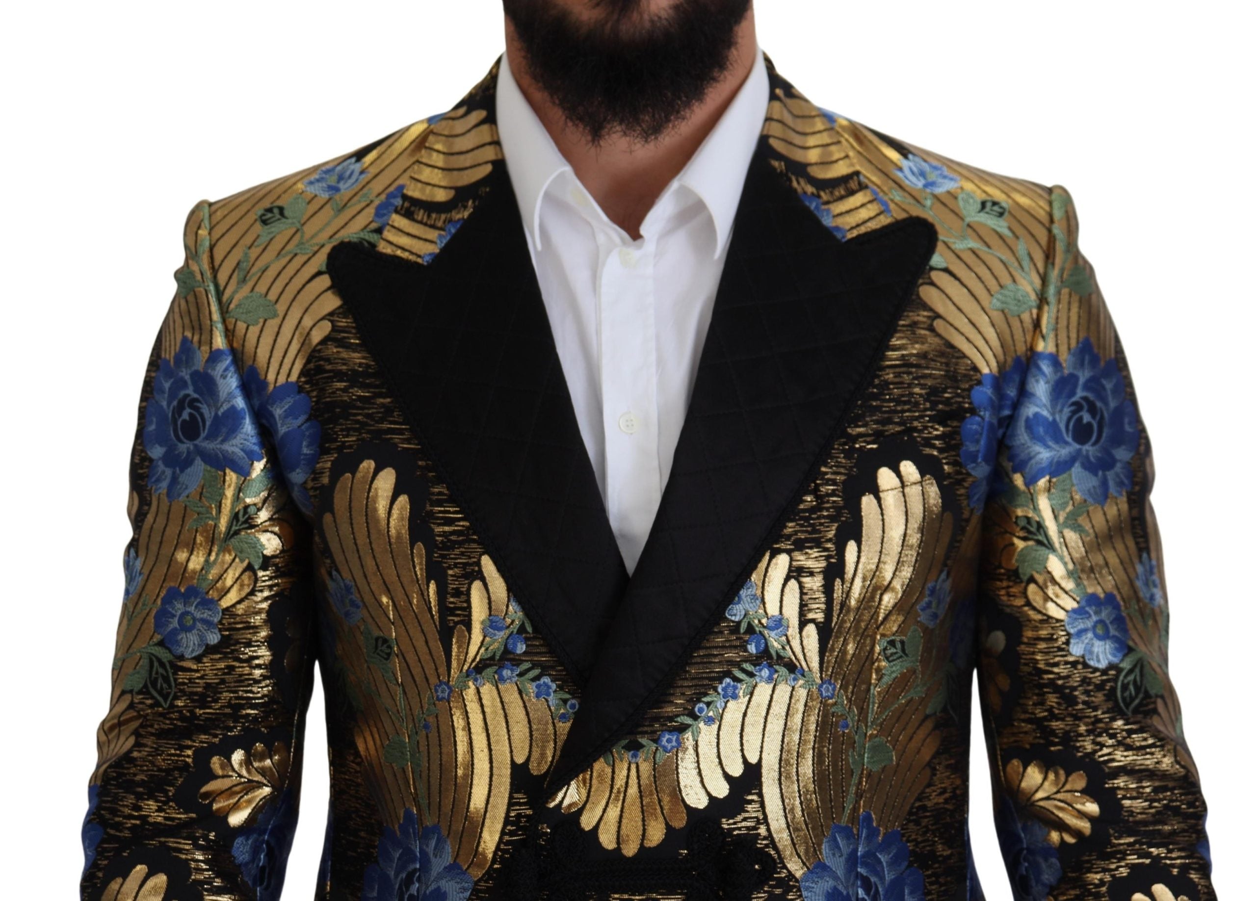 Gold Lurex double-breasted blazer jacket by Dolce & Gabbana, stylish tailored design with shiny metallic fabric.