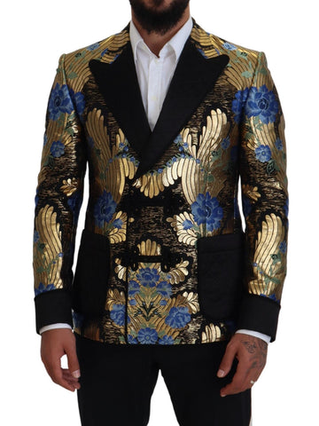 Gold Lurex double-breasted blazer by Dolce & Gabbana, featuring shiny metallic fabric and tailored fit, displayed on a hanger.