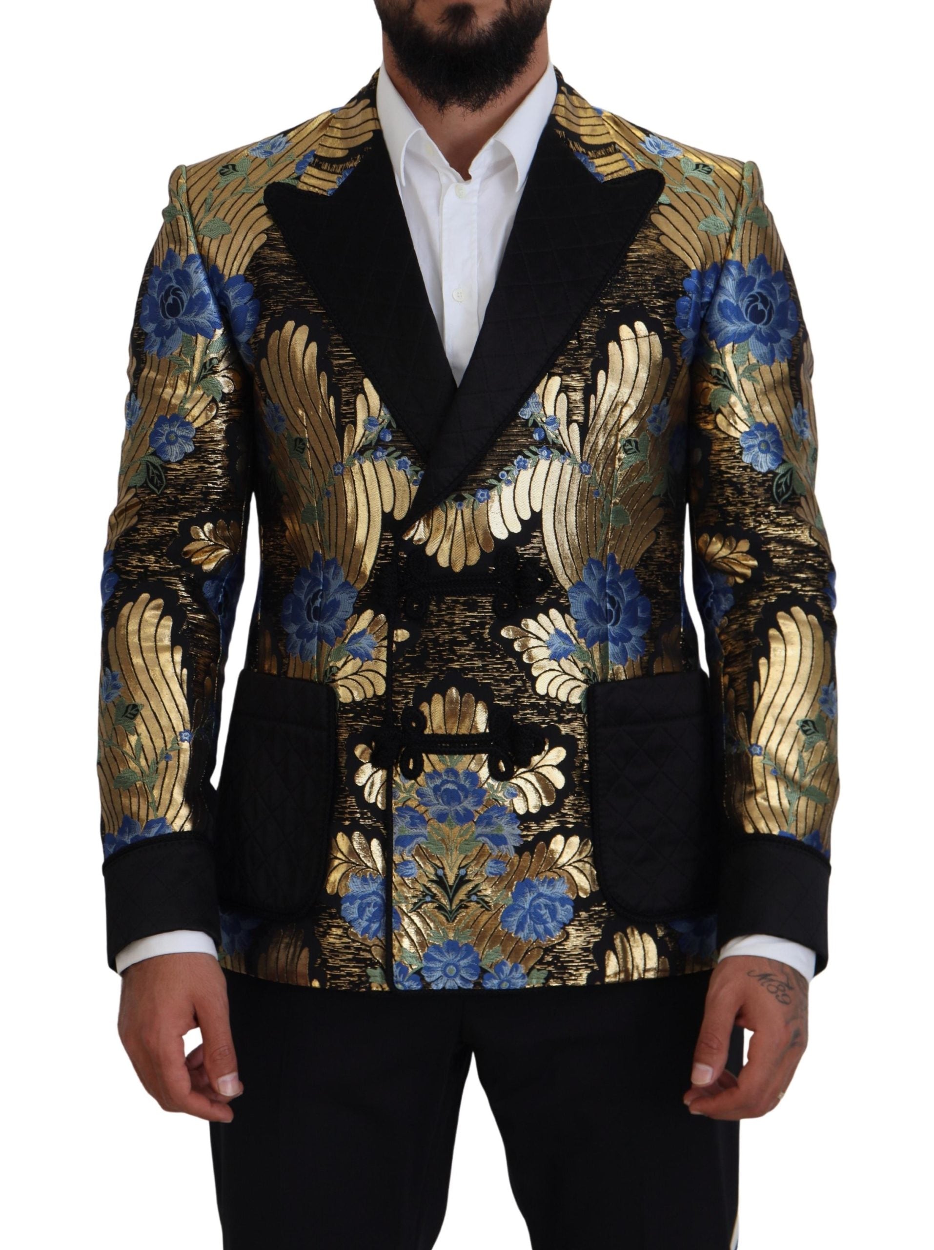 Gold Lurex double-breasted blazer jacket by Dolce & Gabbana, featuring shiny metallic fabric and tailored lapels.