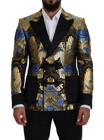 Gold Lurex double-breasted blazer jacket by Dolce & Gabbana, featuring shiny metallic fabric and tailored lapels.