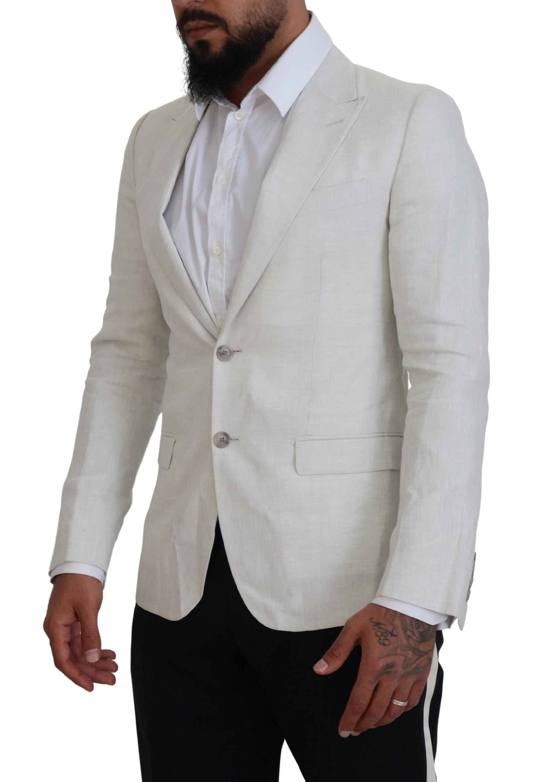 White linen slim fit blazer jacket by Dolce & Gabbana, tailored with a modern cut and classic lapel details.