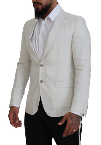 White linen slim fit blazer jacket by Dolce & Gabbana, tailored with a modern cut and classic lapel details.