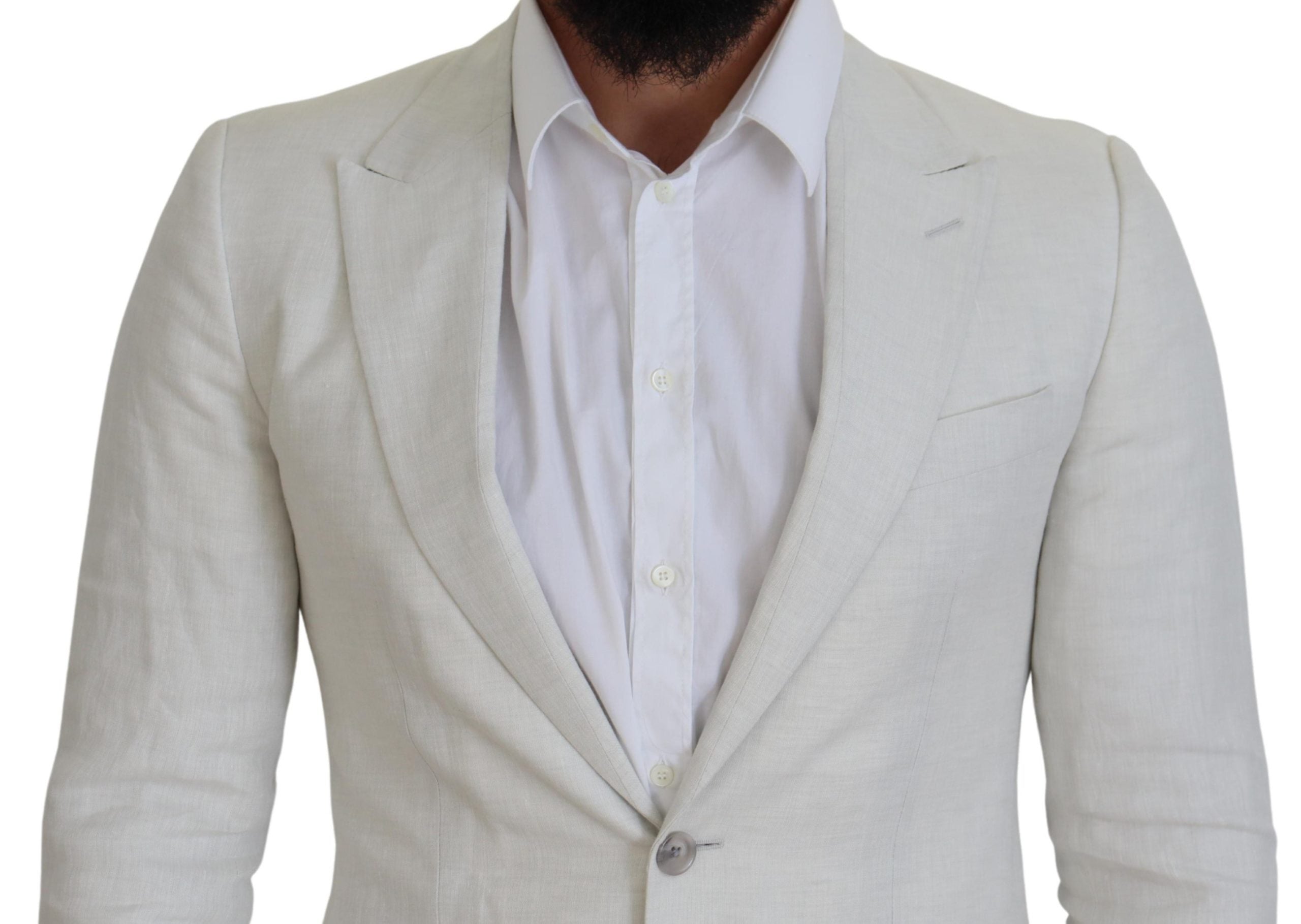 White linen slim fit blazer by Dolce & Gabbana, tailored jacket with classic lapel and sleek design.
