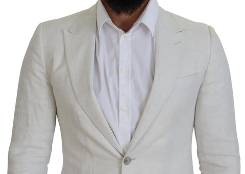 White linen slim fit blazer by Dolce & Gabbana, tailored jacket with classic lapel and sleek design.