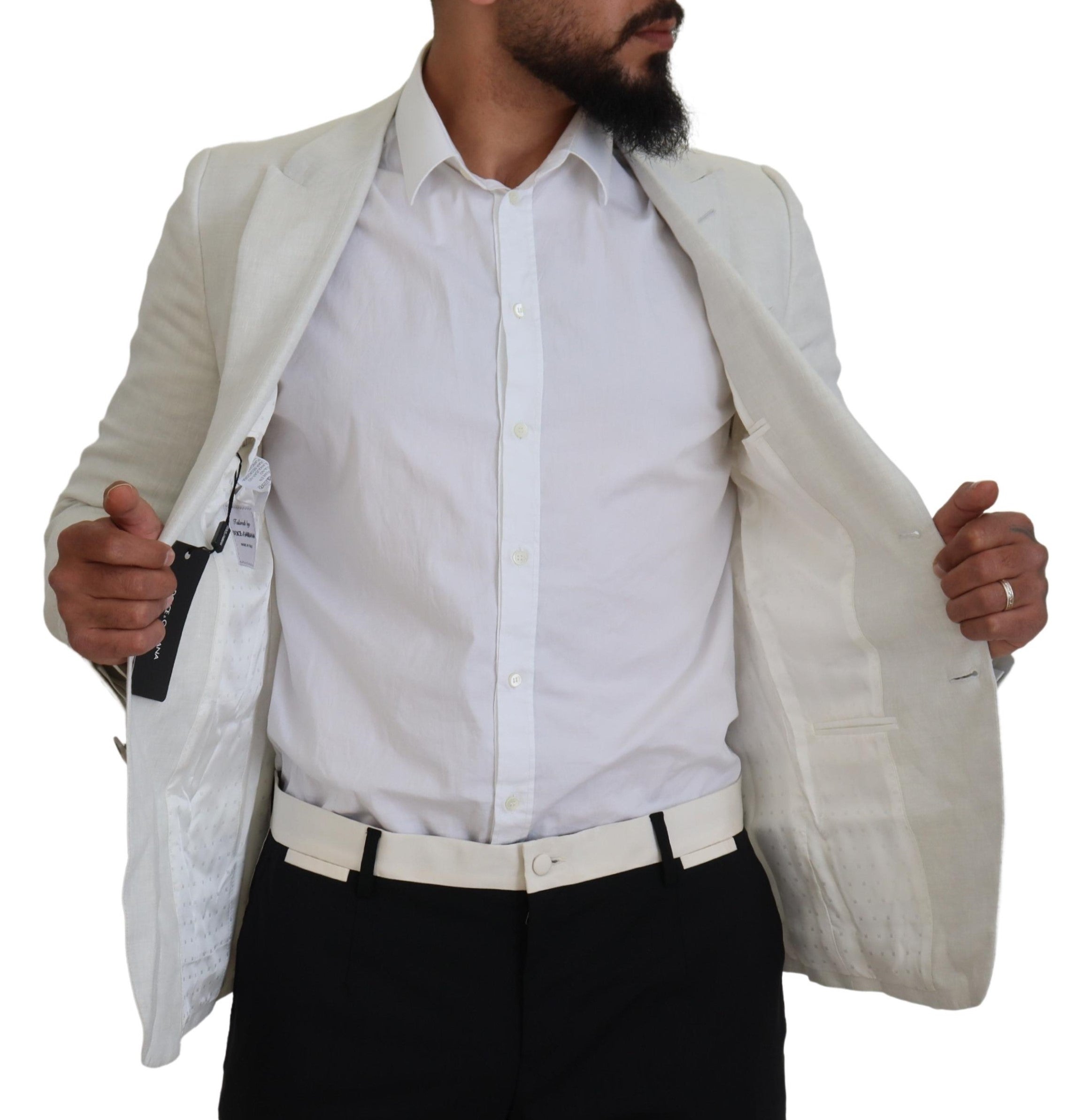 White linen slim fit blazer jacket by Dolce & Gabbana, tailored fit with classic lapels and stylish design.