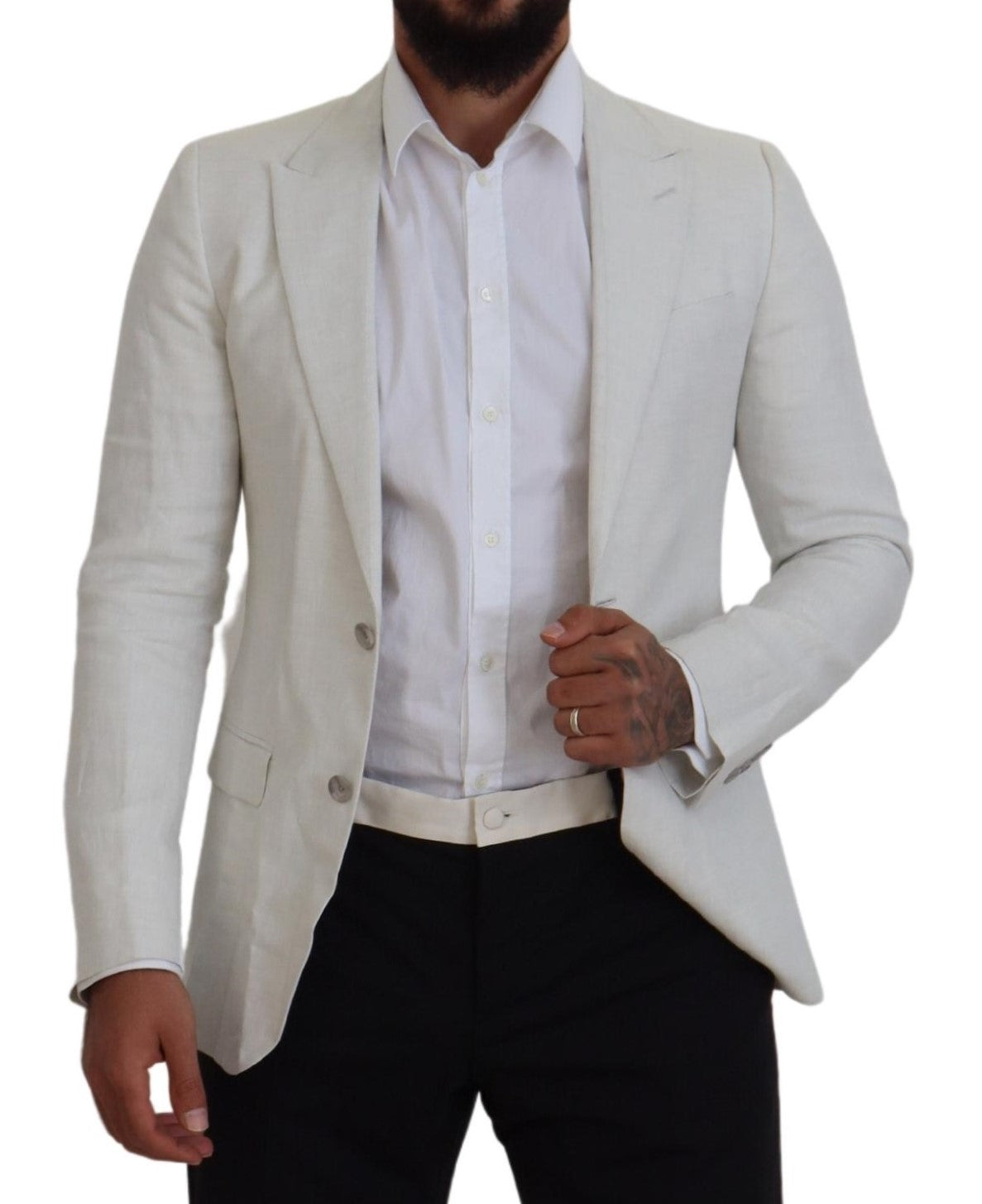 White linen slim fit blazer jacket by Dolce & Gabbana, tailored with a classic lapel and sleek design.