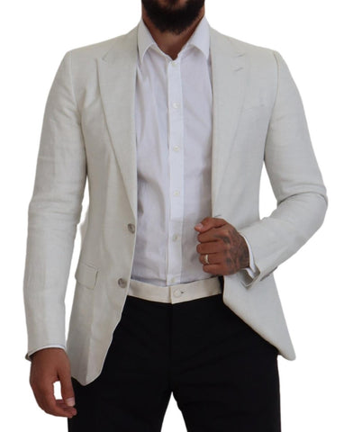 White linen slim fit blazer jacket by Dolce & Gabbana, tailored with a classic lapel and sleek design.