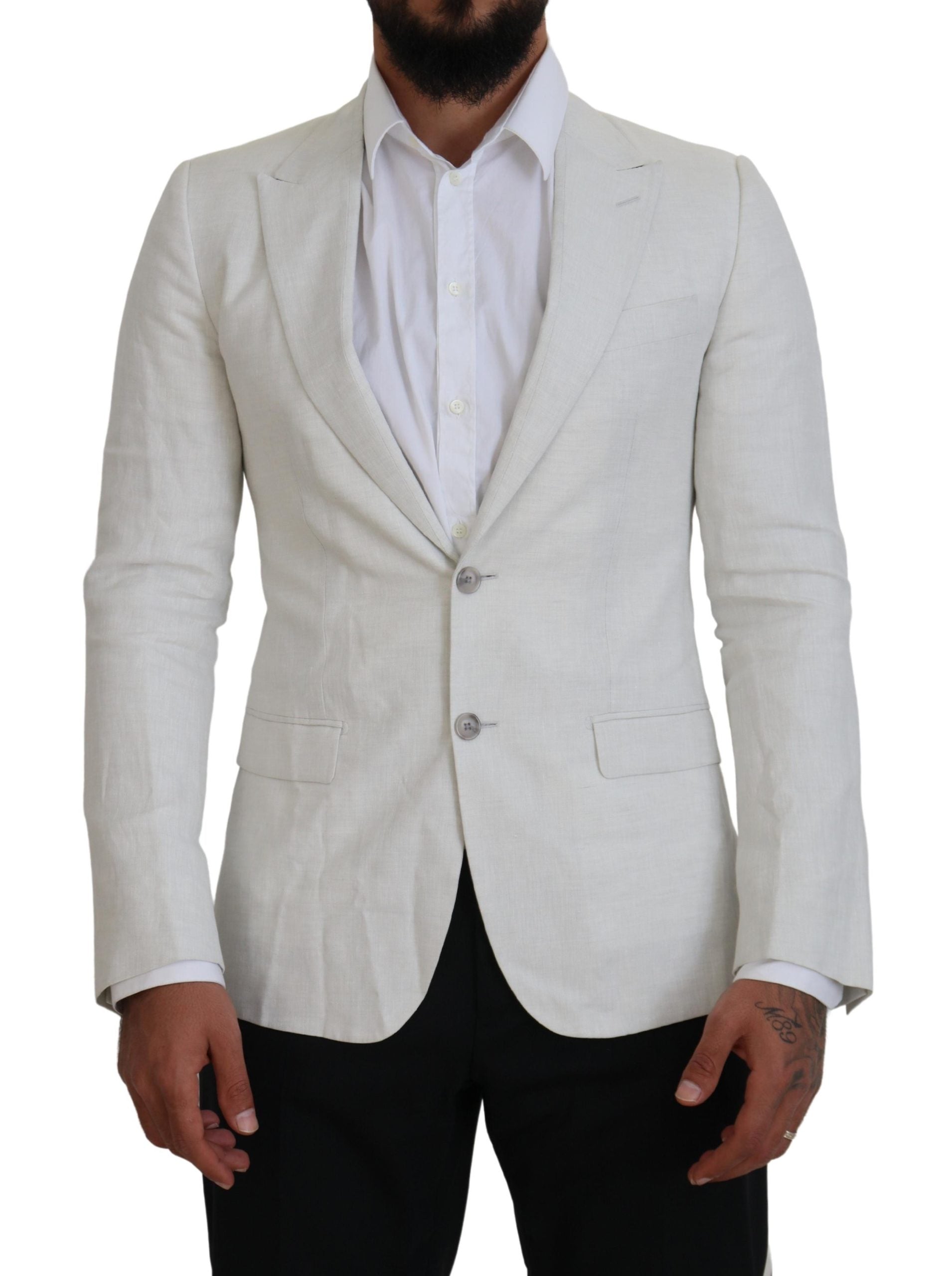 White linen slim fit blazer jacket by Dolce & Gabbana, tailored with a sleek design and classic lapel for a sophisticated look.