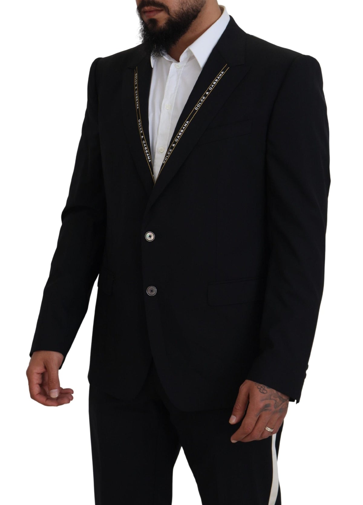 Black wool stretch slim fit blazer jacket by Dolce & Gabbana, tailored fit with classic lapel and sleek design.