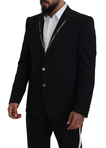 Black wool stretch slim fit blazer jacket by Dolce & Gabbana, tailored fit with classic lapel and sleek design.