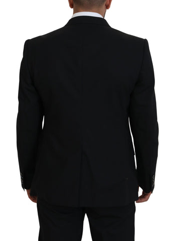 Black wool stretch slim fit blazer jacket by Dolce & Gabbana, shown on a hanger with a tailored fit and classic lapel.