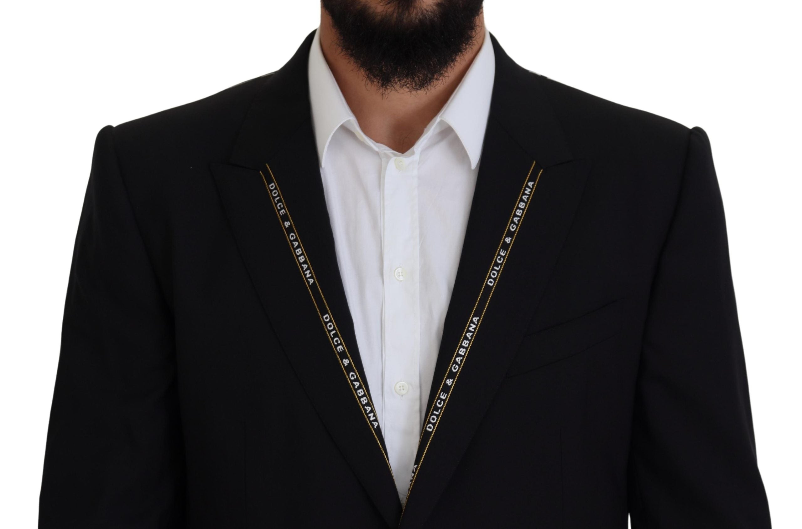 Black wool stretch slim fit blazer by Dolce & Gabbana, tailored jacket with a sleek, modern design and structured lapels.