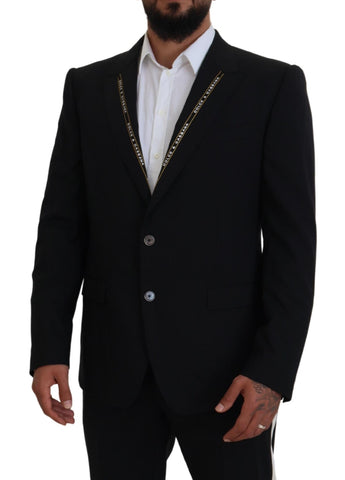 Black wool stretch slim fit blazer jacket by Dolce & Gabbana, tailored fit with structured lapels and sleek design.