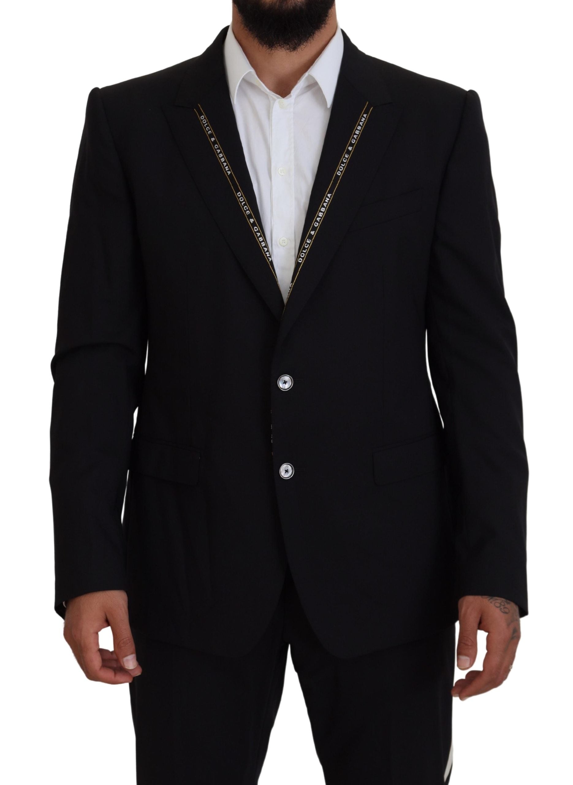 Black wool stretch slim fit blazer jacket by Dolce & Gabbana, tailored fit with notched lapels and long sleeves.