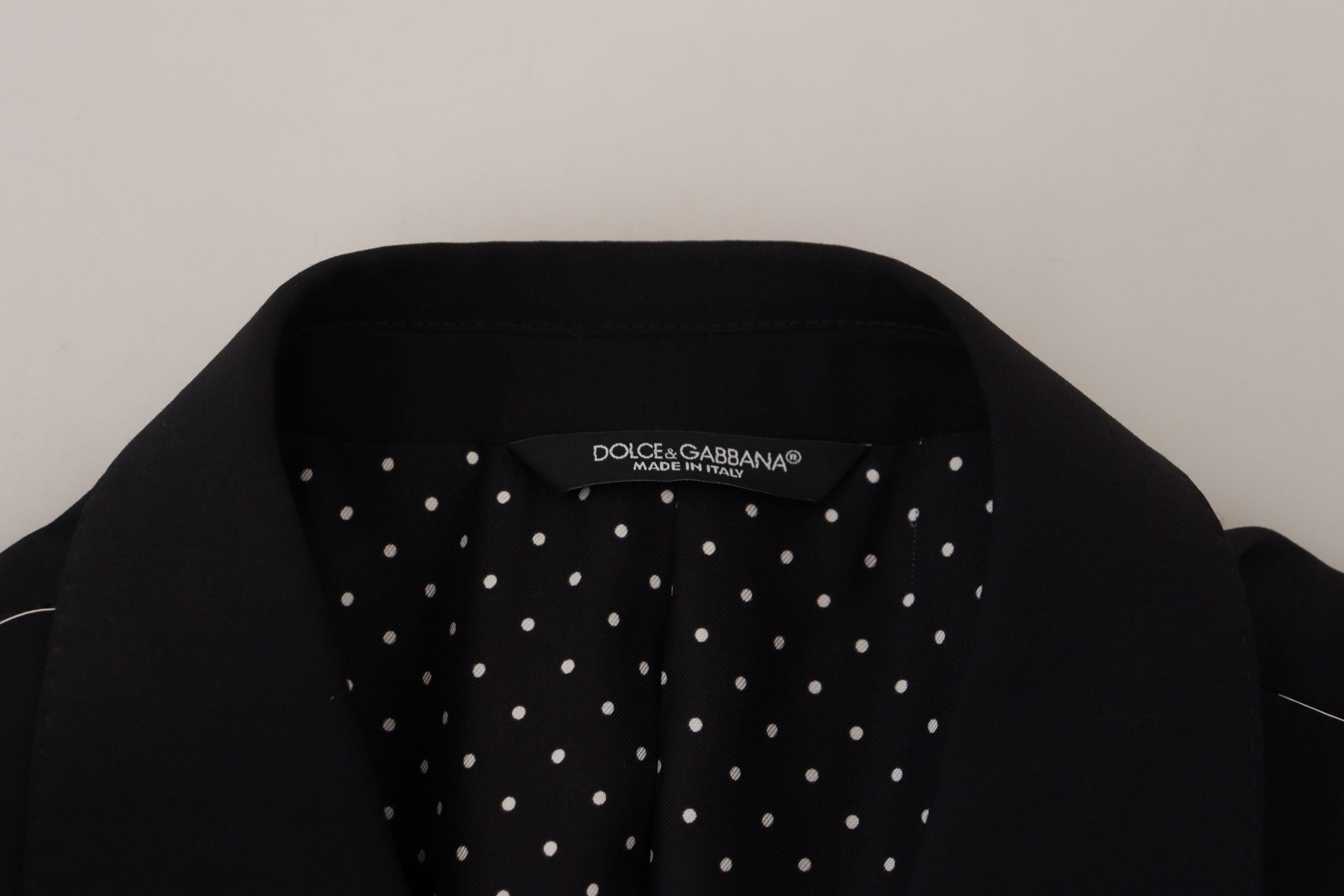 Black wool stretch slim fit blazer jacket by Dolce & Gabbana, tailored fit with classic lapel and sleek design.