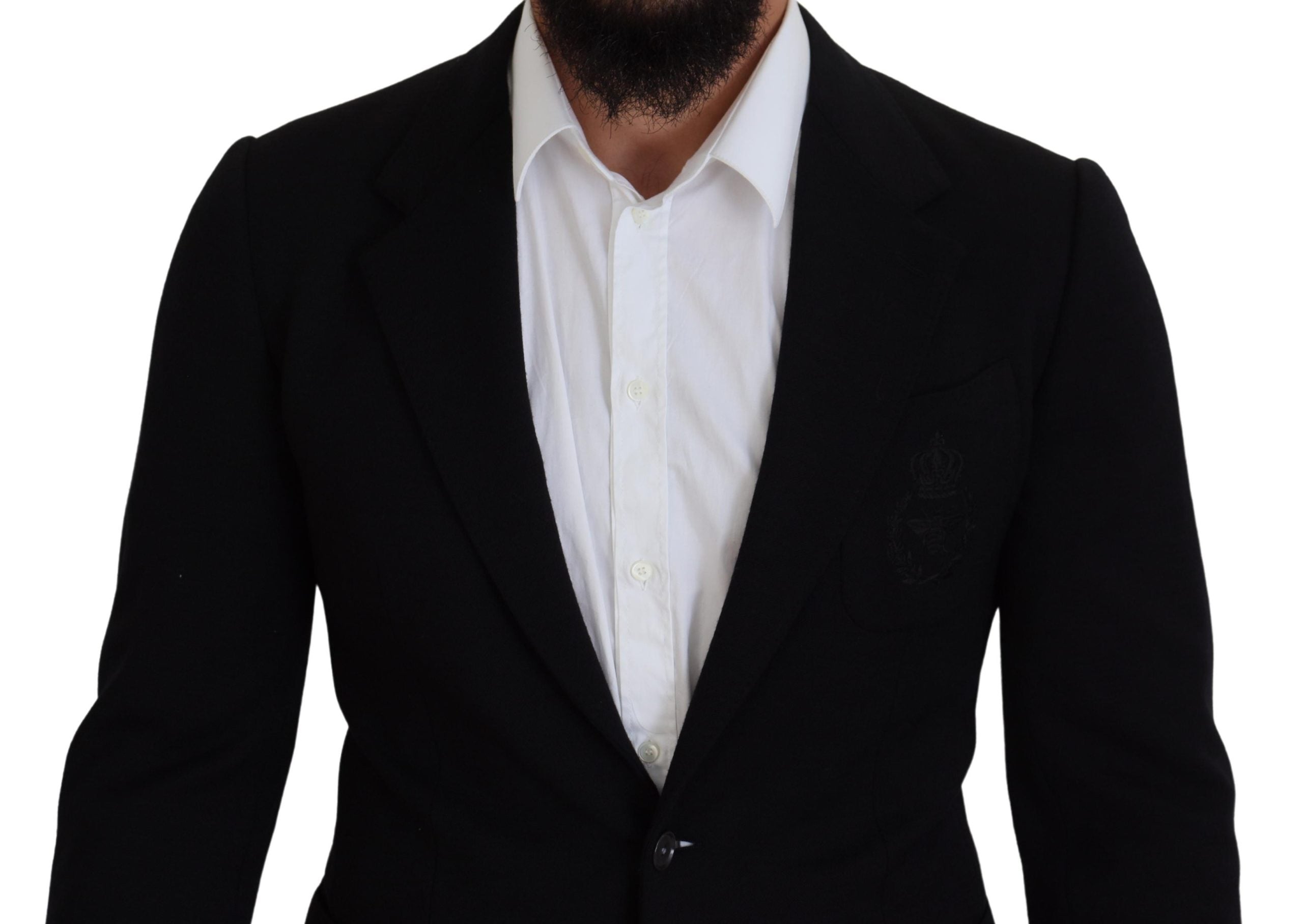 Black wool blazer jacket by Dolce & Gabbana, slim fit design with a classic crown style collar and tailored fit.