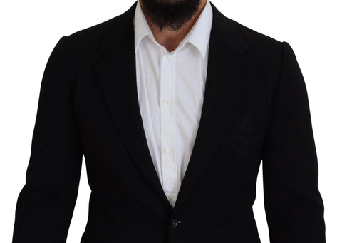 Black wool blazer jacket by Dolce & Gabbana, slim fit design with a classic crown style collar and tailored fit.