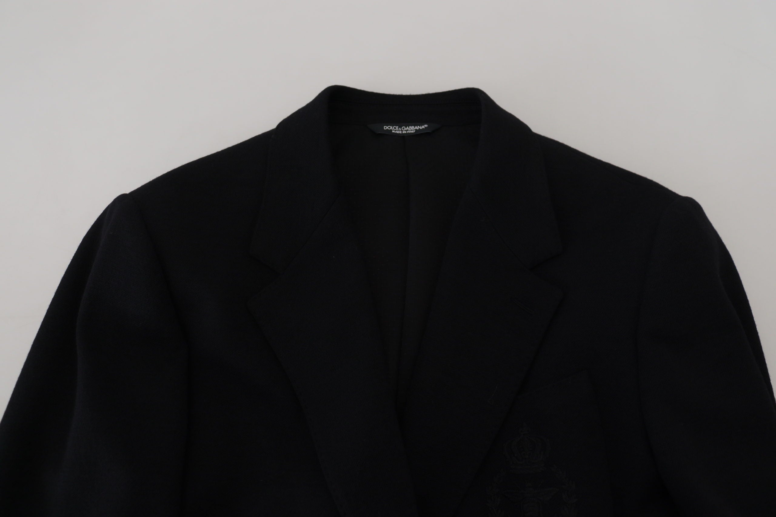 Black wool crown slim fit blazer by Dolce & Gabbana, tailored jacket with classic lapels and sleek design.