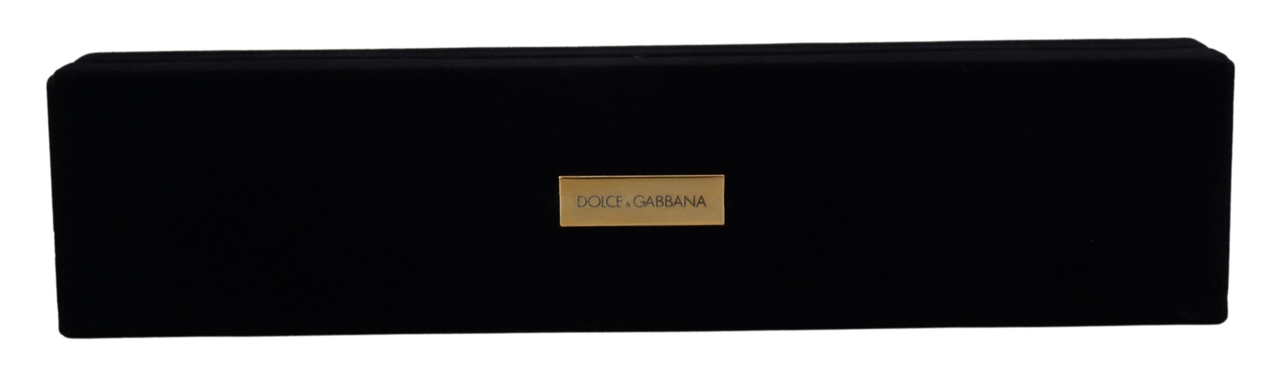 Black velvet jewelry box with Dolce & Gabbana logo plaque, designed for storing bracelets and delicate jewelry pieces.