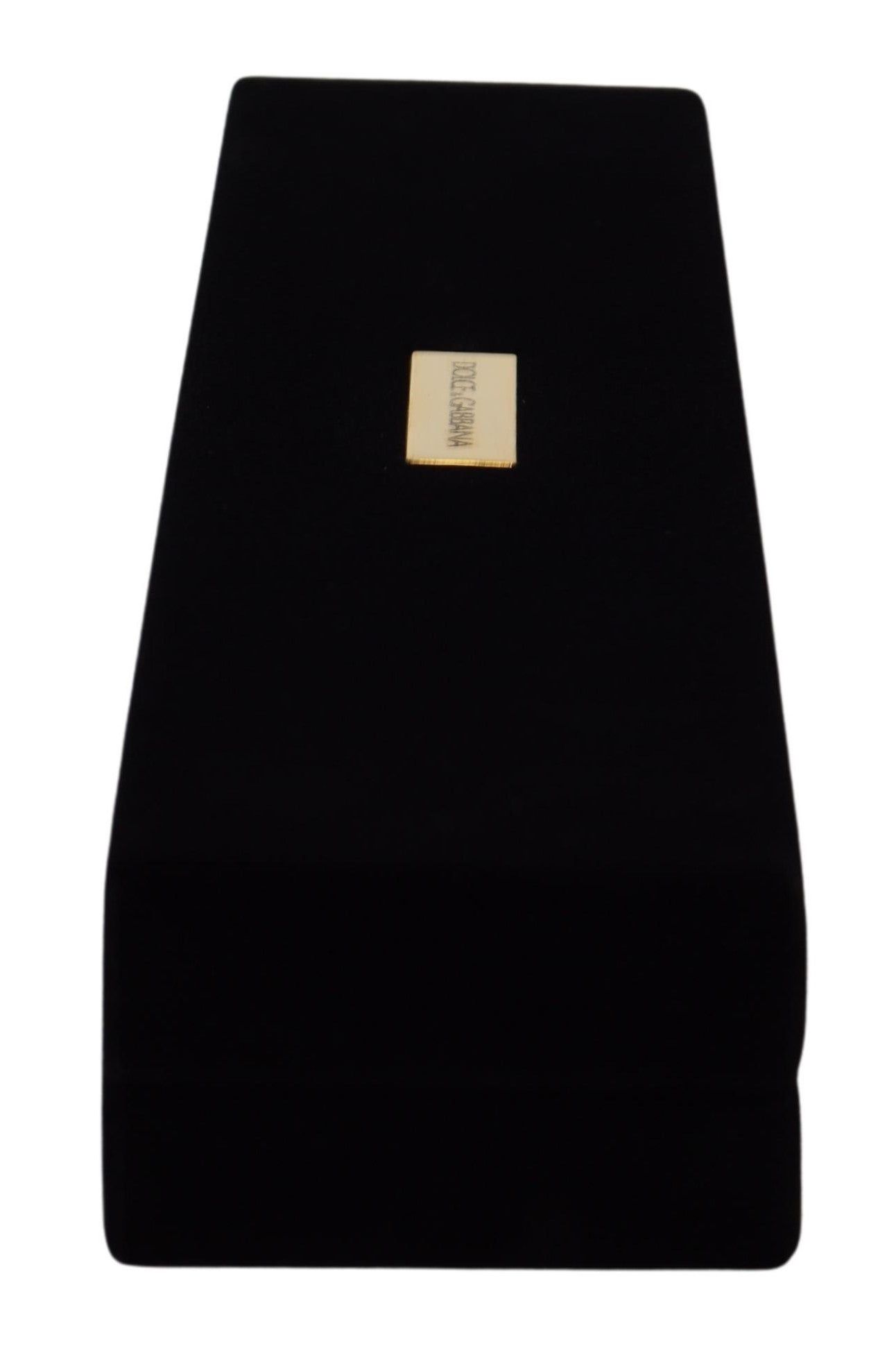 Black velvet jewelry box with Dolce & Gabbana logo plaque, designed for storing bracelets and jewelry in an elegant case.