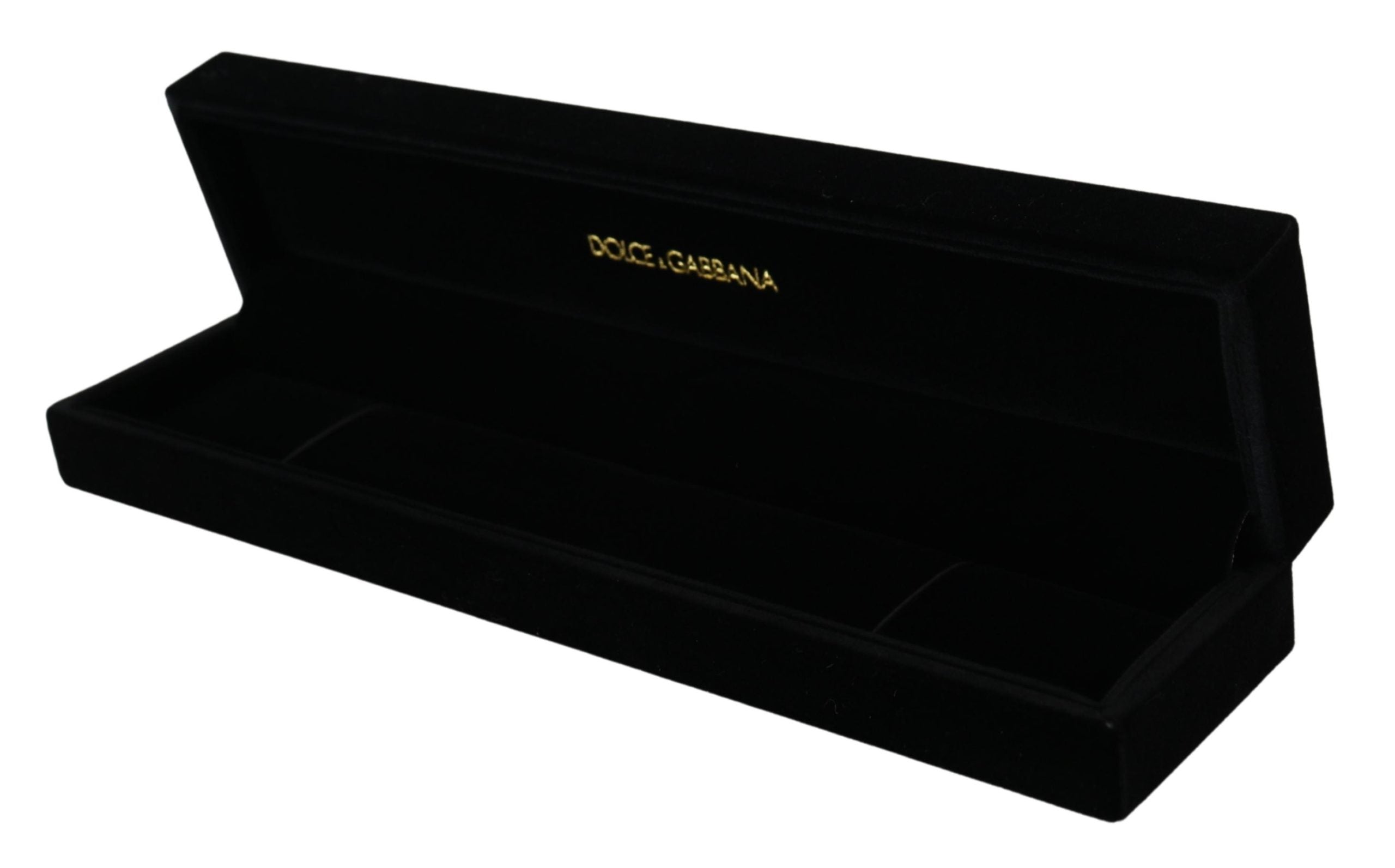 Black velvet Dolce & Gabbana jewelry box with logo plaque for storing bracelets and jewelry, featuring a sleek, elegant design.