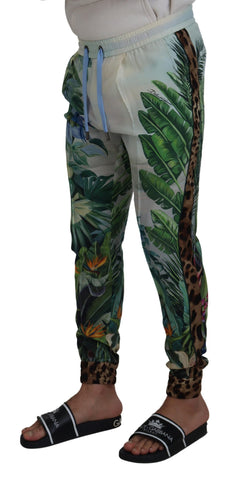 White floral printed men's jogger pants by Dolce & Gabbana, featuring a comfortable fit and stylish floral design.