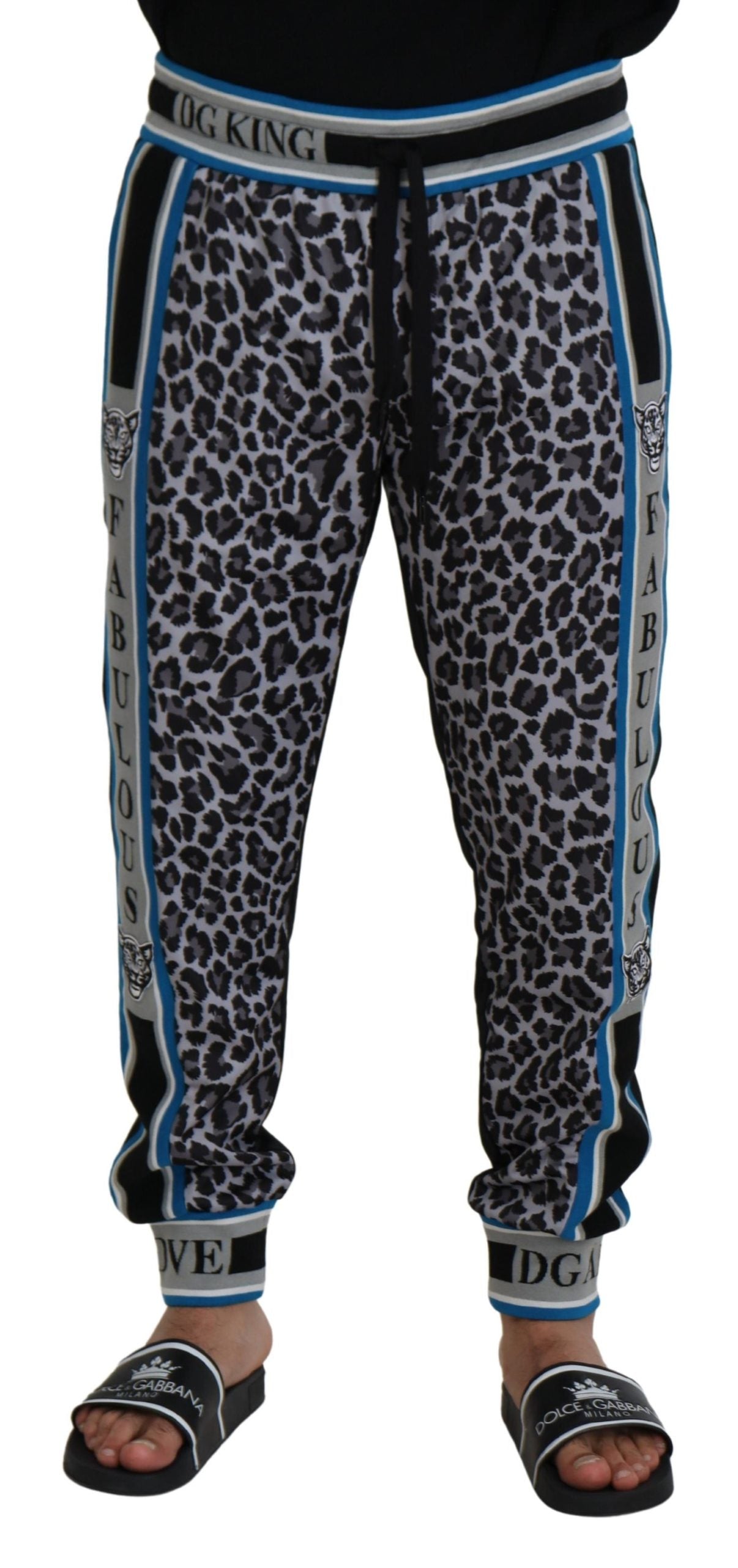 Multicolor DG King leopard print jogger pants by Dolce & Gabbana, featuring a relaxed fit with elastic waistband and bold animal pattern.