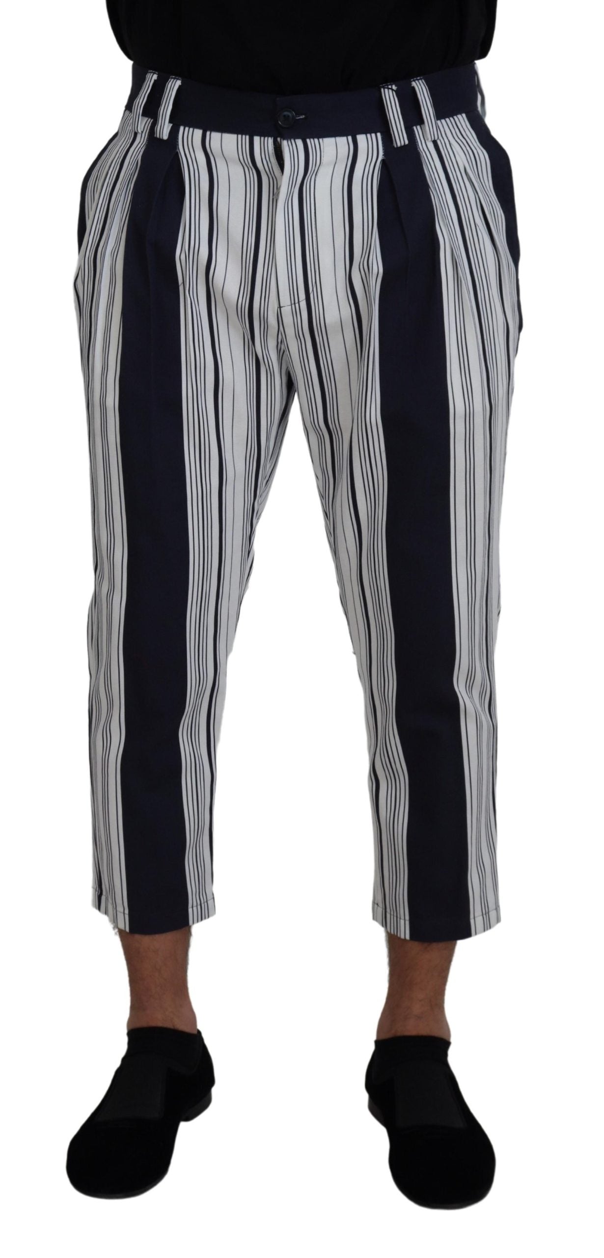 White cotton striped cropped pants by Dolce & Gabbana, featuring a high waist and tailored fit, displayed on a model.