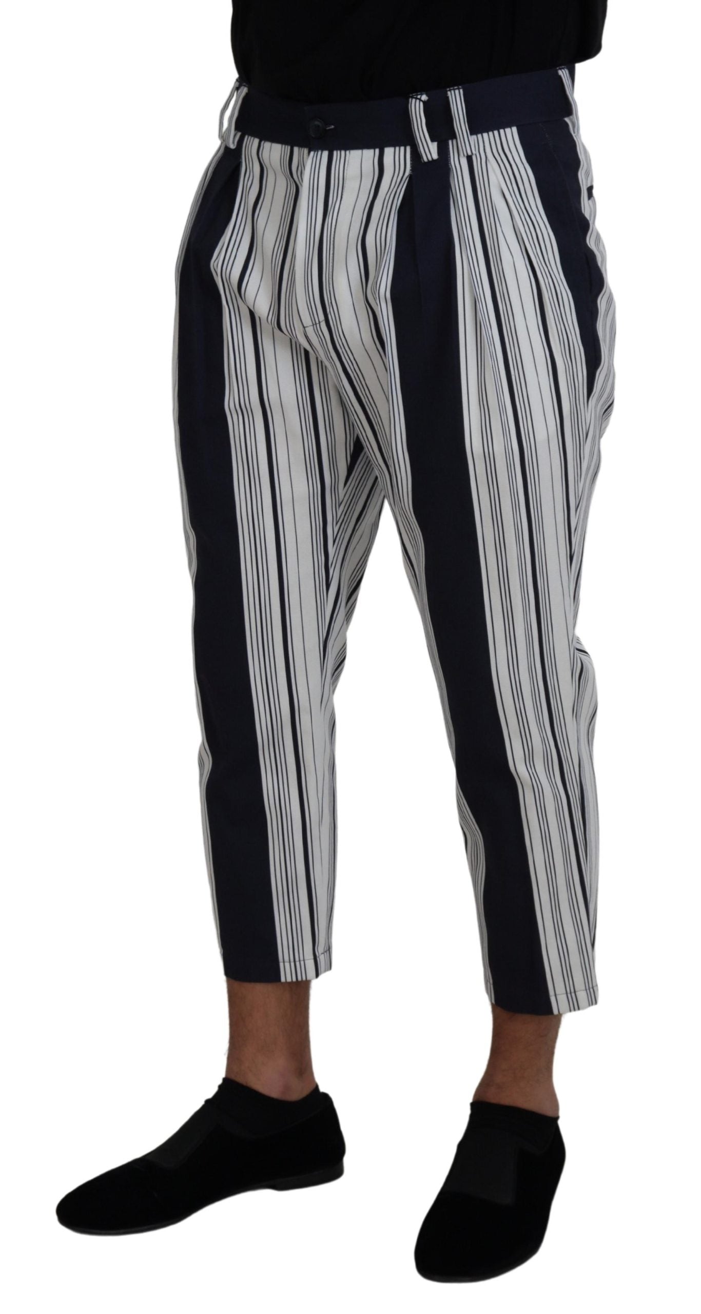 White cotton striped cropped pants by Dolce & Gabbana, featuring a tailored fit and stylish design.