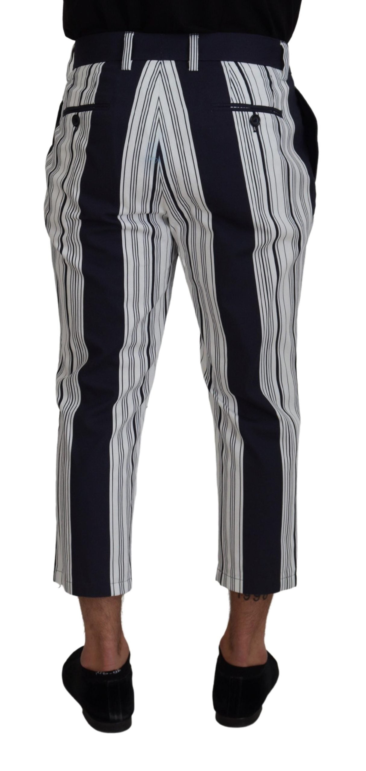 White cotton striped cropped pants by Dolce & Gabbana, featuring a relaxed fit and stylish design.
