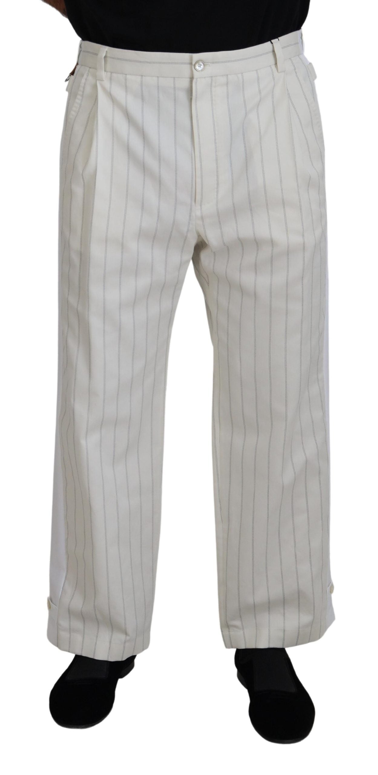 White cotton striped formal pants by Dolce & Gabbana, tailored with a classic design and slim fit for sophisticated style.