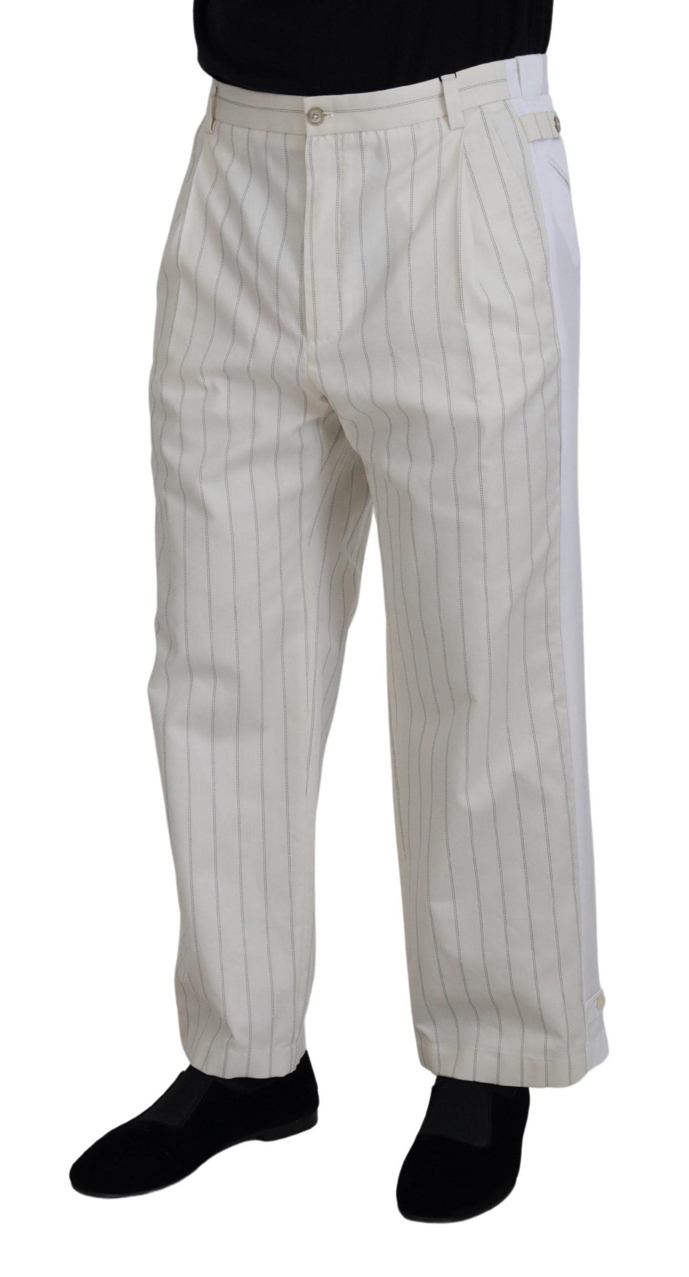 White cotton striped formal pants from Dolce & Gabbana, tailored fit with classic design and clean waistband detail.