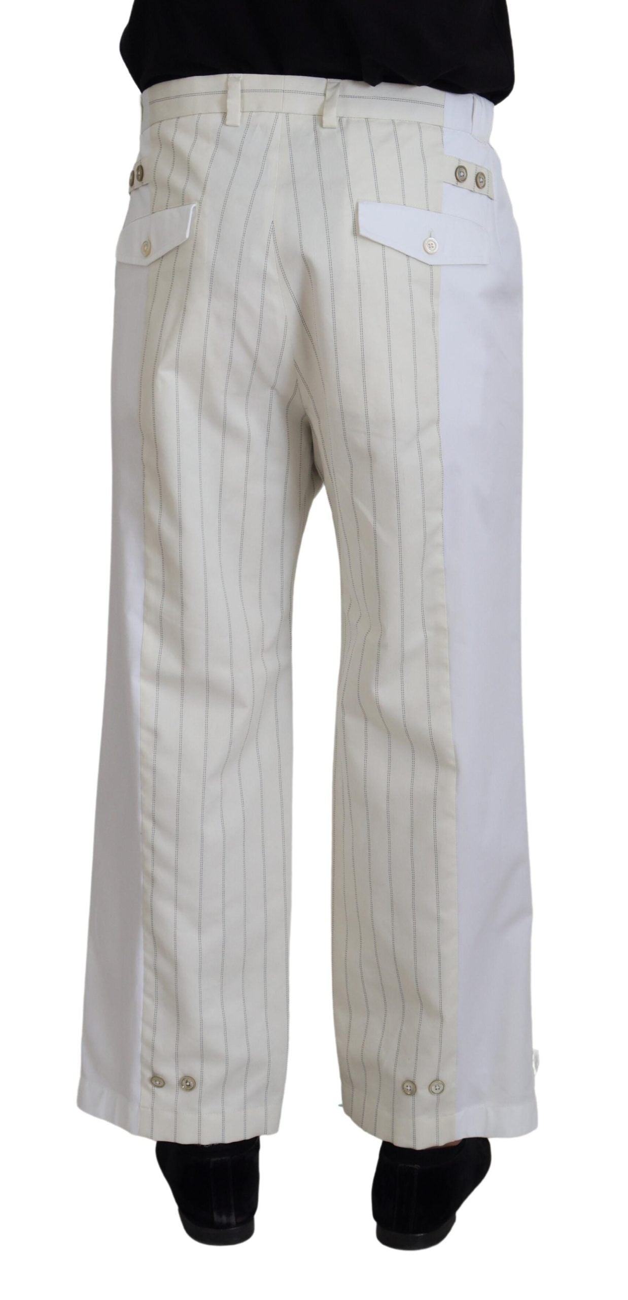 White cotton striped formal pants by Dolce & Gabbana, tailored fit with classic design and crisp waistband.
