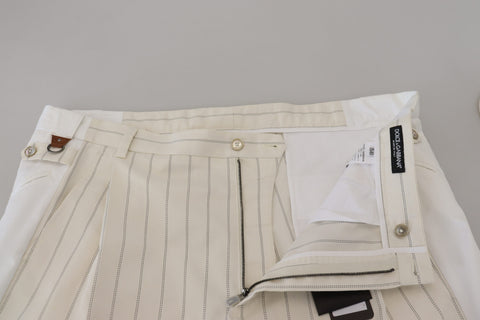 White cotton striped formal pants by Dolce & Gabbana, tailored fit with classic design and elegant waistband.