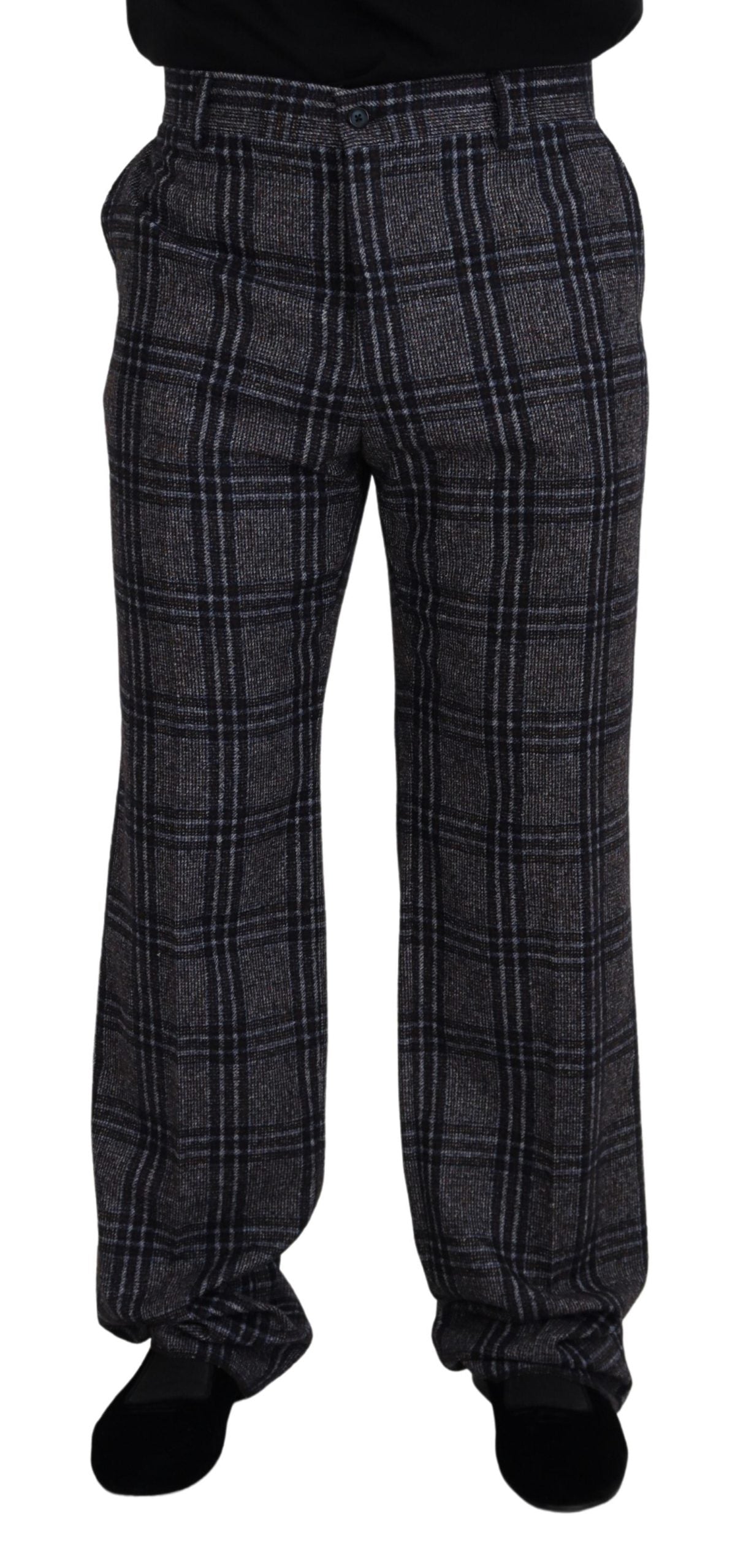 Gray checkered mid-waist men's pants by Dolce & Gabbana displayed on a hanger. Classic pattern with tailored fit.