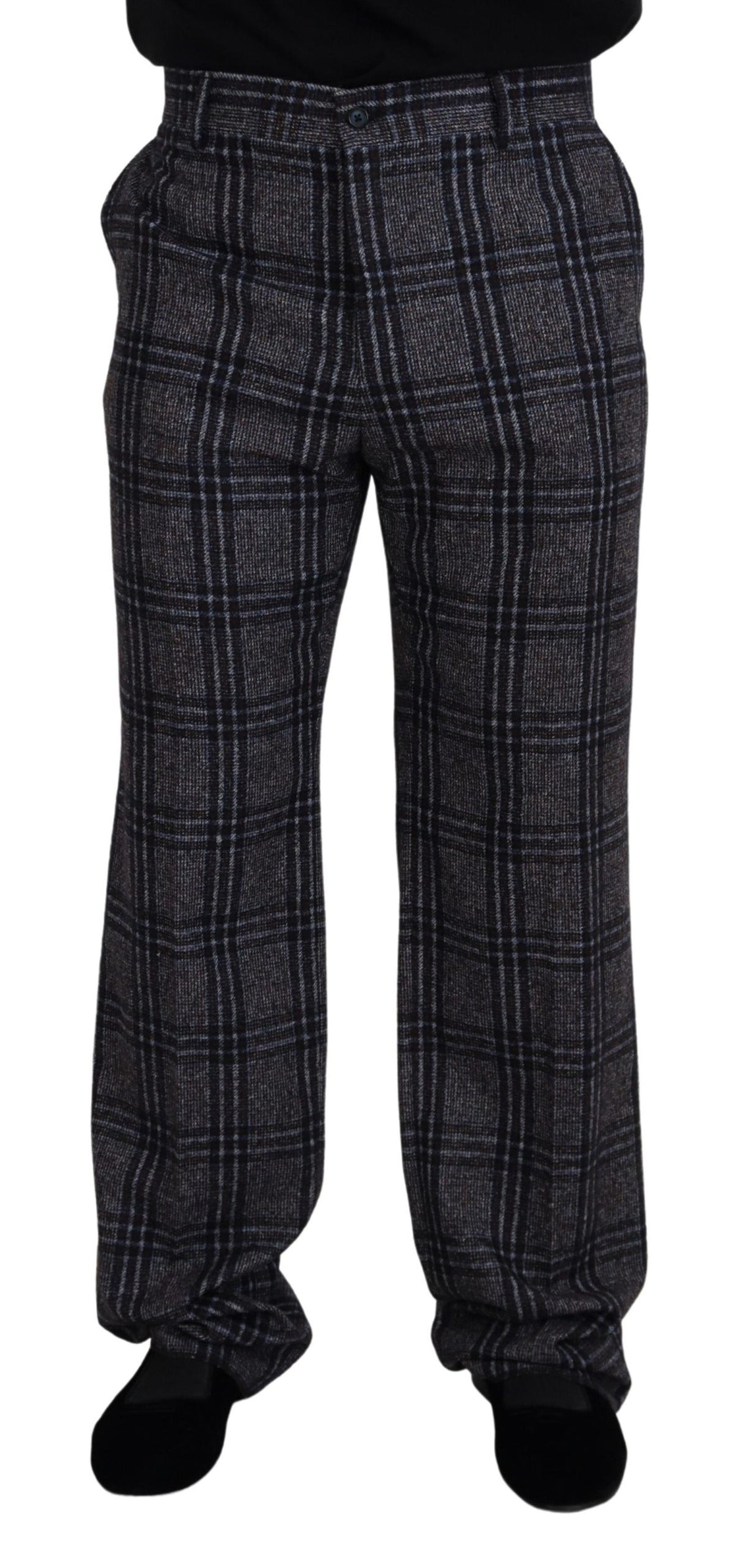 Gray checkered mid-waist men's pants by Dolce & Gabbana displayed on a hanger. Classic pattern with tailored fit.