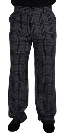 Gray checkered mid-waist men's pants by Dolce & Gabbana displayed on a hanger. Classic pattern with tailored fit.