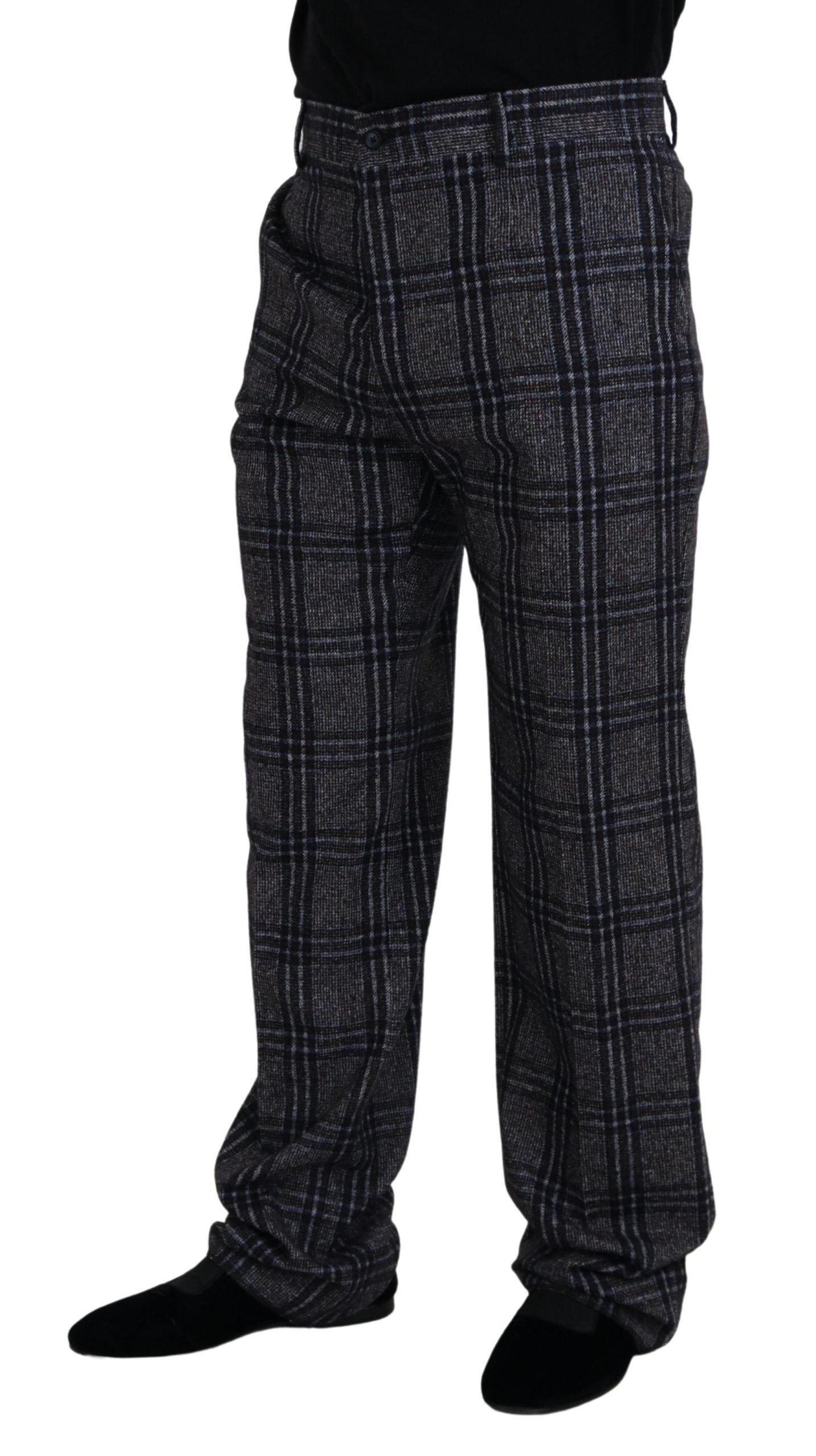 Gray checkered mid-waist men's pants by Dolce & Gabbana, featuring a tailored fit and classic pattern.