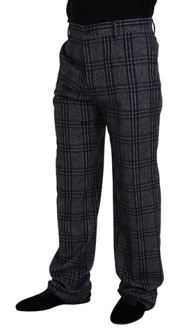 Gray checkered mid-waist men's pants by Dolce & Gabbana, featuring a tailored fit and classic pattern.