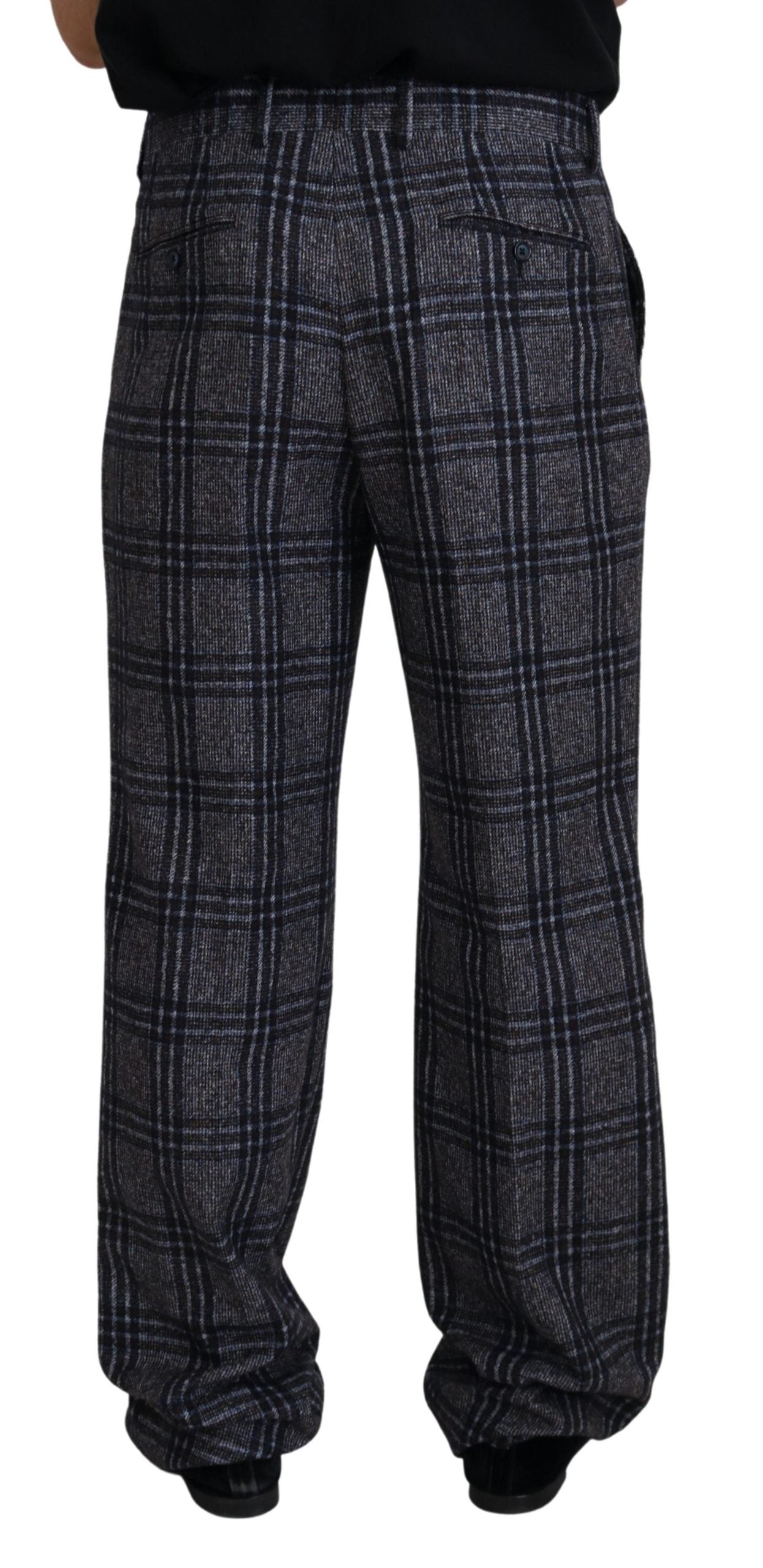 Gray checkered mid-waist men's pants by Dolce & Gabbana, showing tailored fit and stylish pattern.