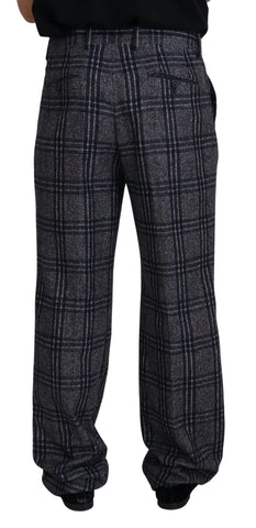 Gray checkered mid-waist men's pants by Dolce & Gabbana, showing tailored fit and stylish pattern.