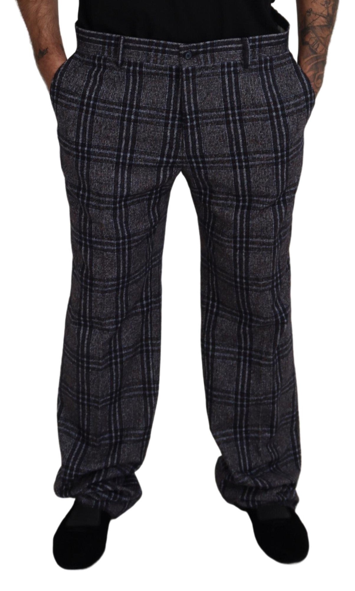 Gray checkered mid-waist men's pants by Dolce & Gabbana, featuring a tailored fit and stylish pattern.