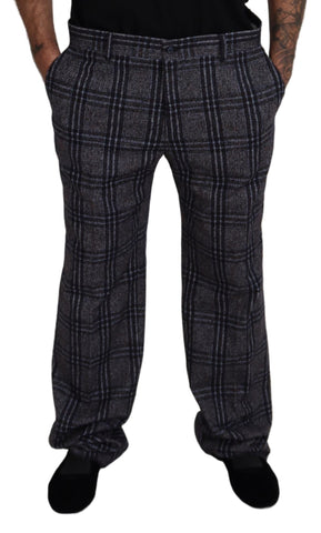 Gray checkered mid-waist men's pants by Dolce & Gabbana, featuring a tailored fit and stylish pattern.