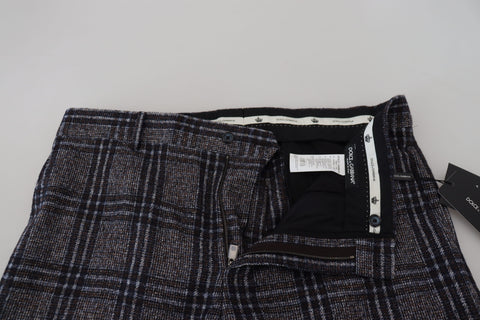 Gray checkered mid waist men's pants by Dolce & Gabbana, featuring a tailored fit and classic pattern.