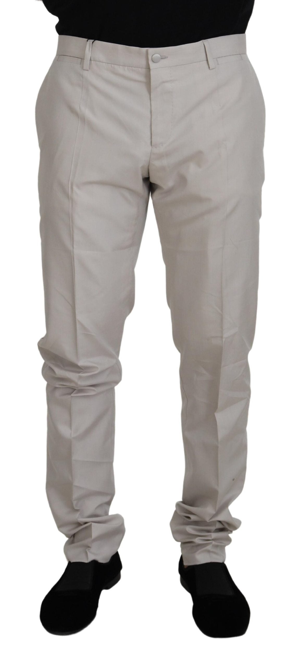 Dolce & Gabbana Off White silk mid waist chino pants, tailored fit with belt loops and side pockets, stylish men's fashion.