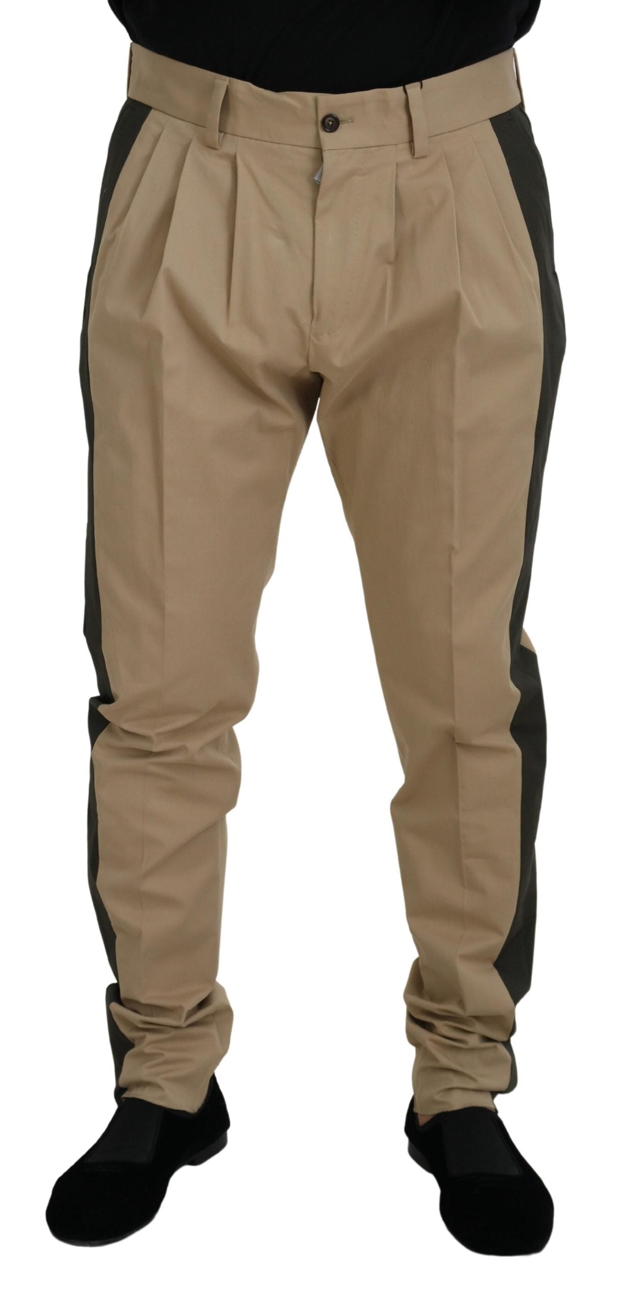 Men's brown and black cotton chino pants by Dolce & Gabbana, showing a tailored fit with front pockets and belt loops.