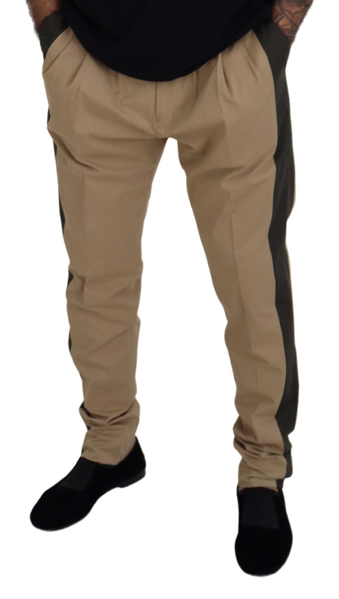 Men's brown and black cotton chino pants by Dolce & Gabbana, shown laid flat with front and back views.